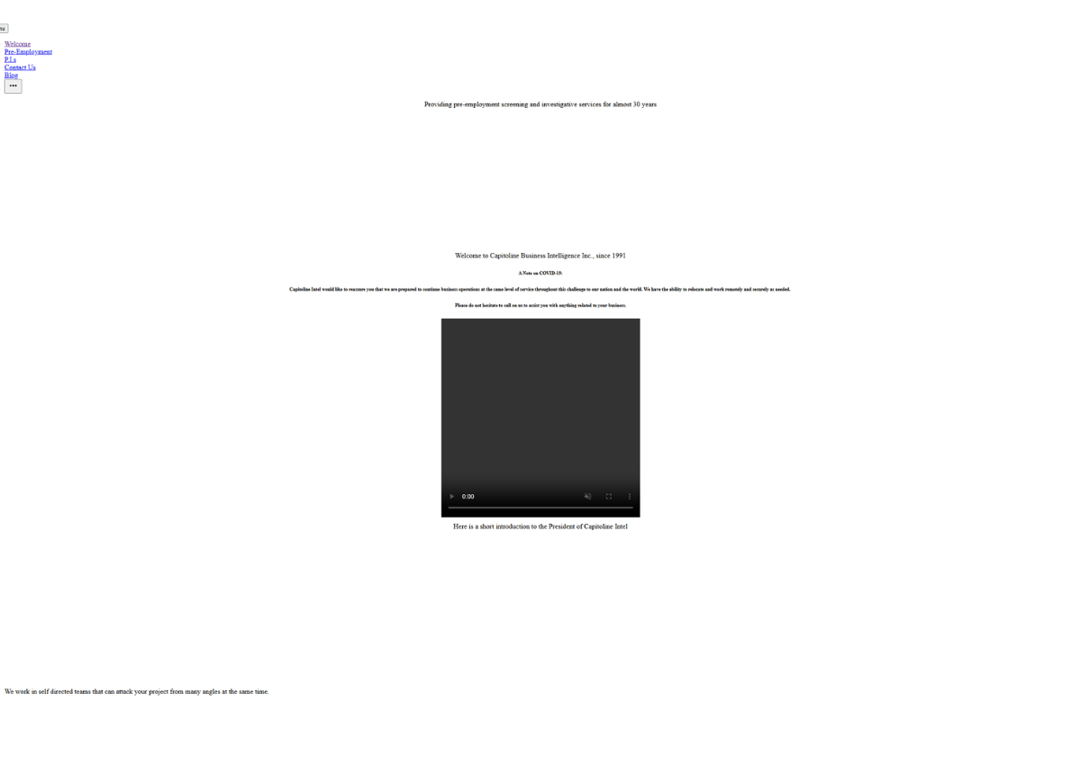 Original Capitoline website showing basic navigation, minimal text, and a centered video on an otherwise empty page